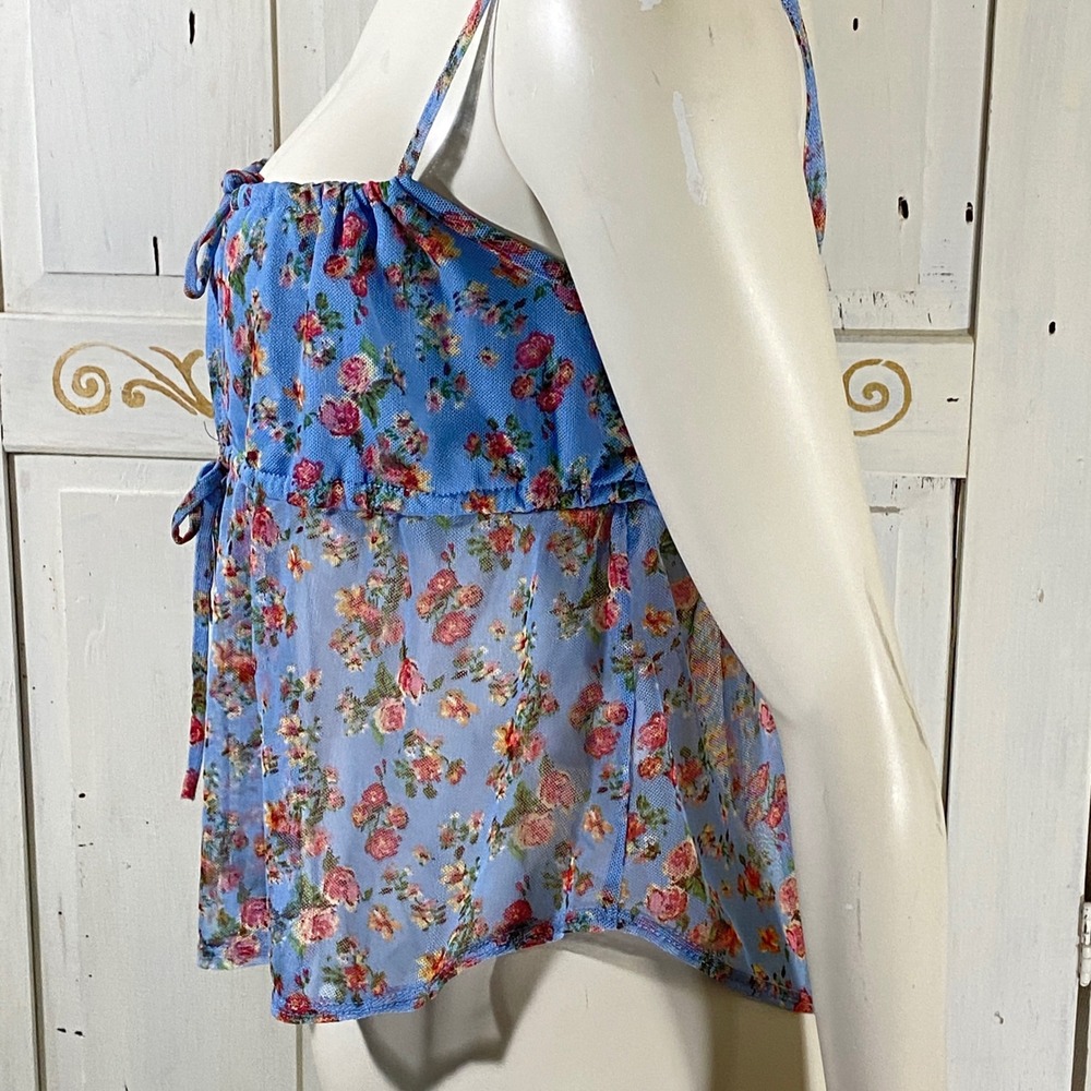 Live‎ In The Moment Blue Floral Mesh Tie Front Babydoll Cami Top Womens Medium - Picture 3 of 8